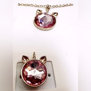 🆕 Pink Stone Unicorn Pendant with chain & Ring